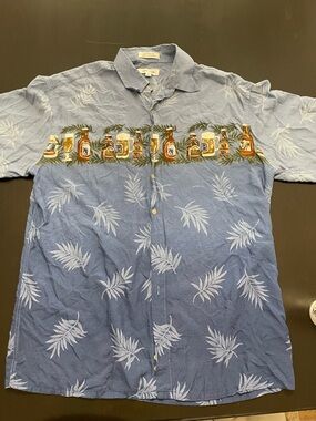 Pierre Cardin Blue Gradient Tropical Button-Down Shirt with Tiki Bottle Border